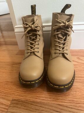 Dr. Martens Tan Leather 8-Eye Lace Boots with Yellow Stitching